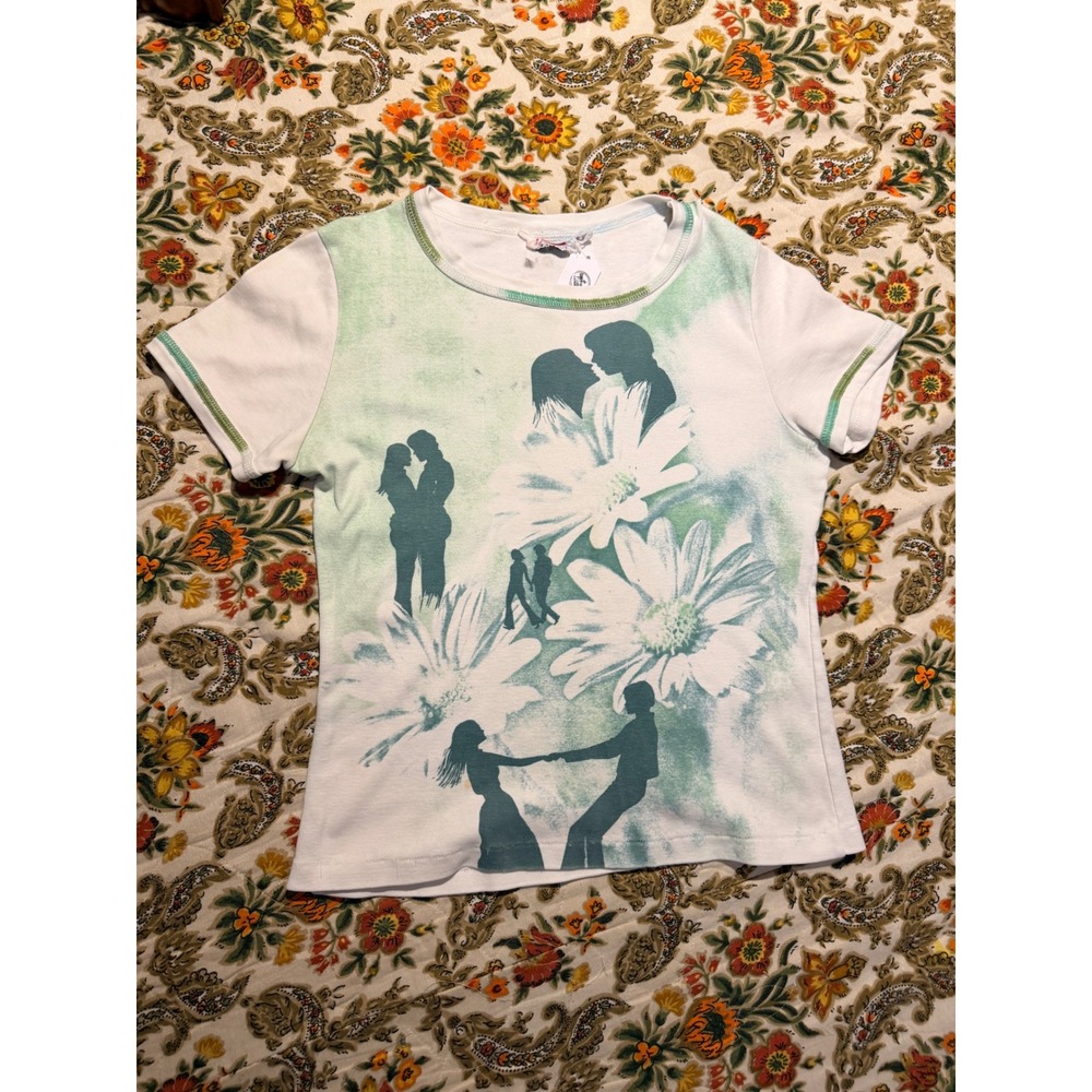 Vintage 70s Variety Graphic Baby Tee White Sage Green Floral Silhouette S